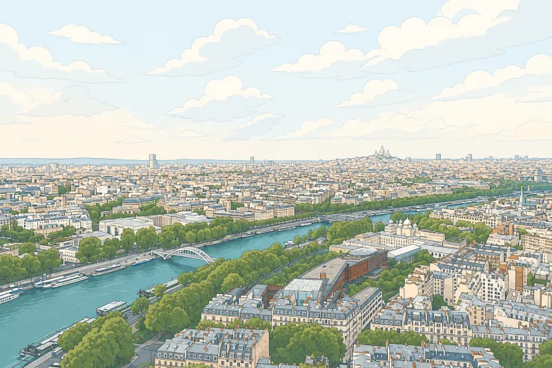 Illustration aérienne de Paris avec la Seine, des ponts, et la basilique du Sacré-Cœur en arrière-plan.