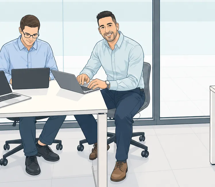 Deux hommes en chemise bleue travaillent sur des ordinateurs portables dans un bureau moderne.