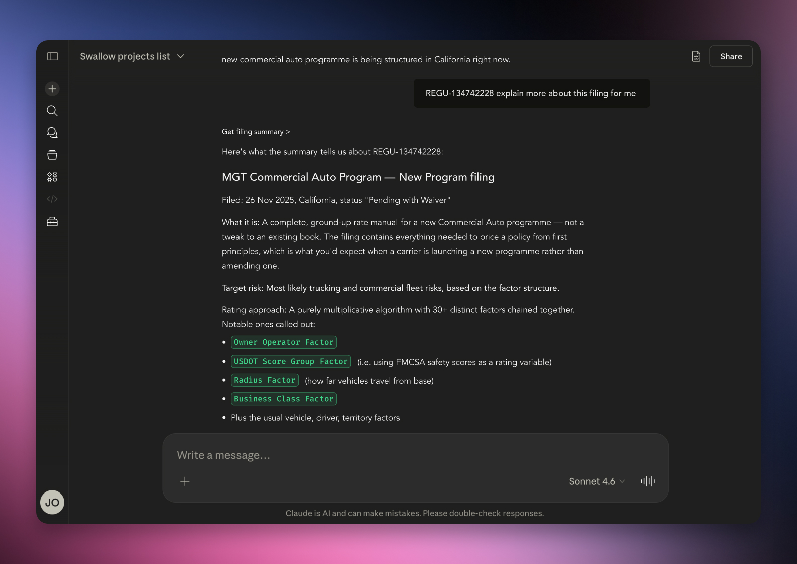 The serff.ai platform showing an extraction summary for a filing, with overview, viability and a list of extracted source files