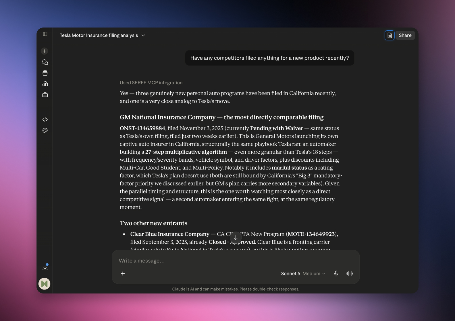 The serff.ai platform showing an extraction summary for a filing, with overview, viability and a list of extracted source files