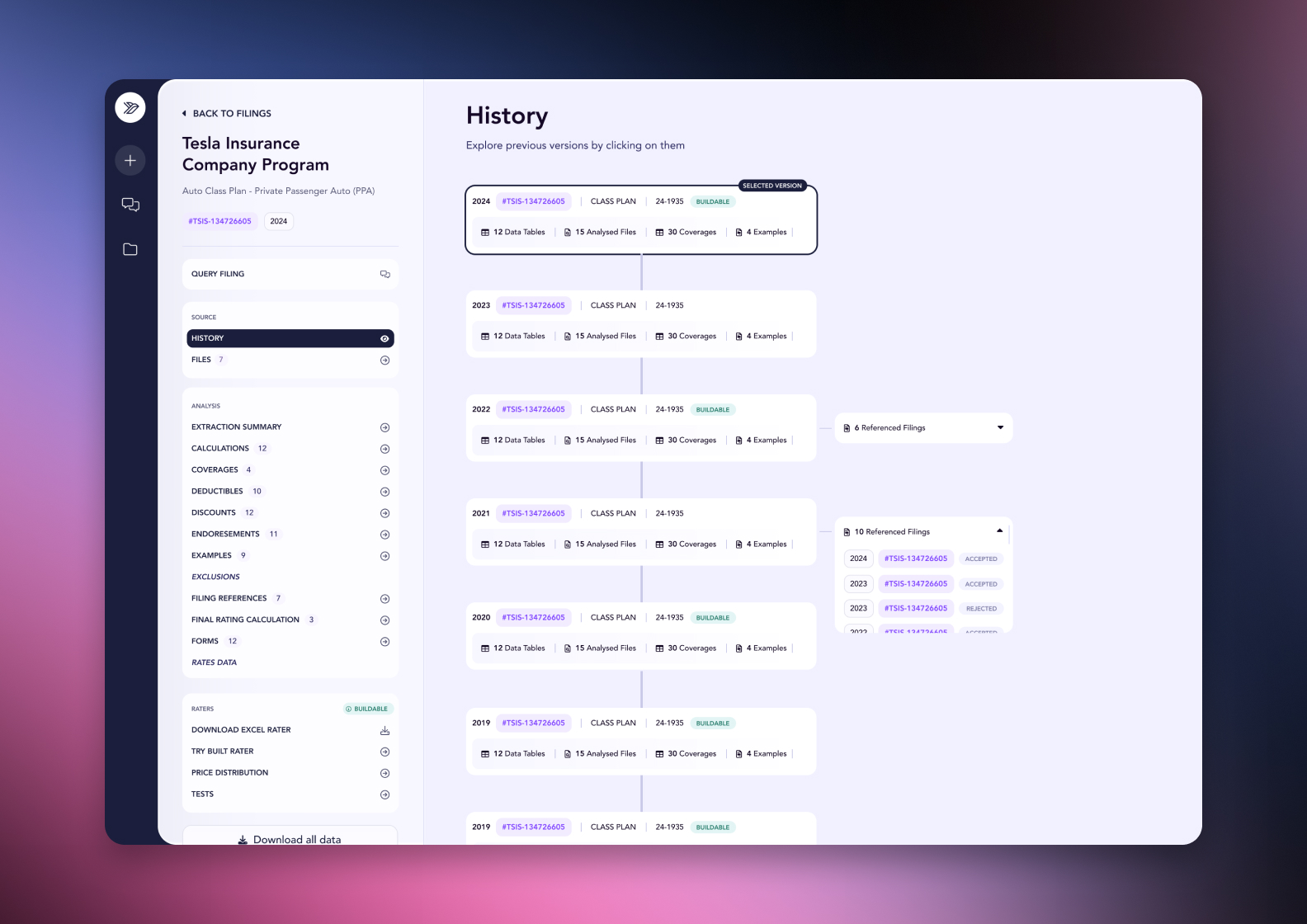 The serff.ai platform showing an extraction summary for a filing, with overview, viability and a list of extracted source files