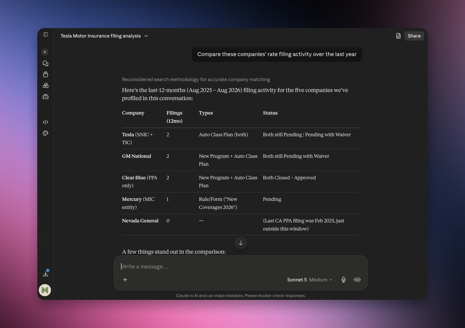 The serff.ai platform showing an extraction summary for a filing, with overview, viability and a list of extracted source files