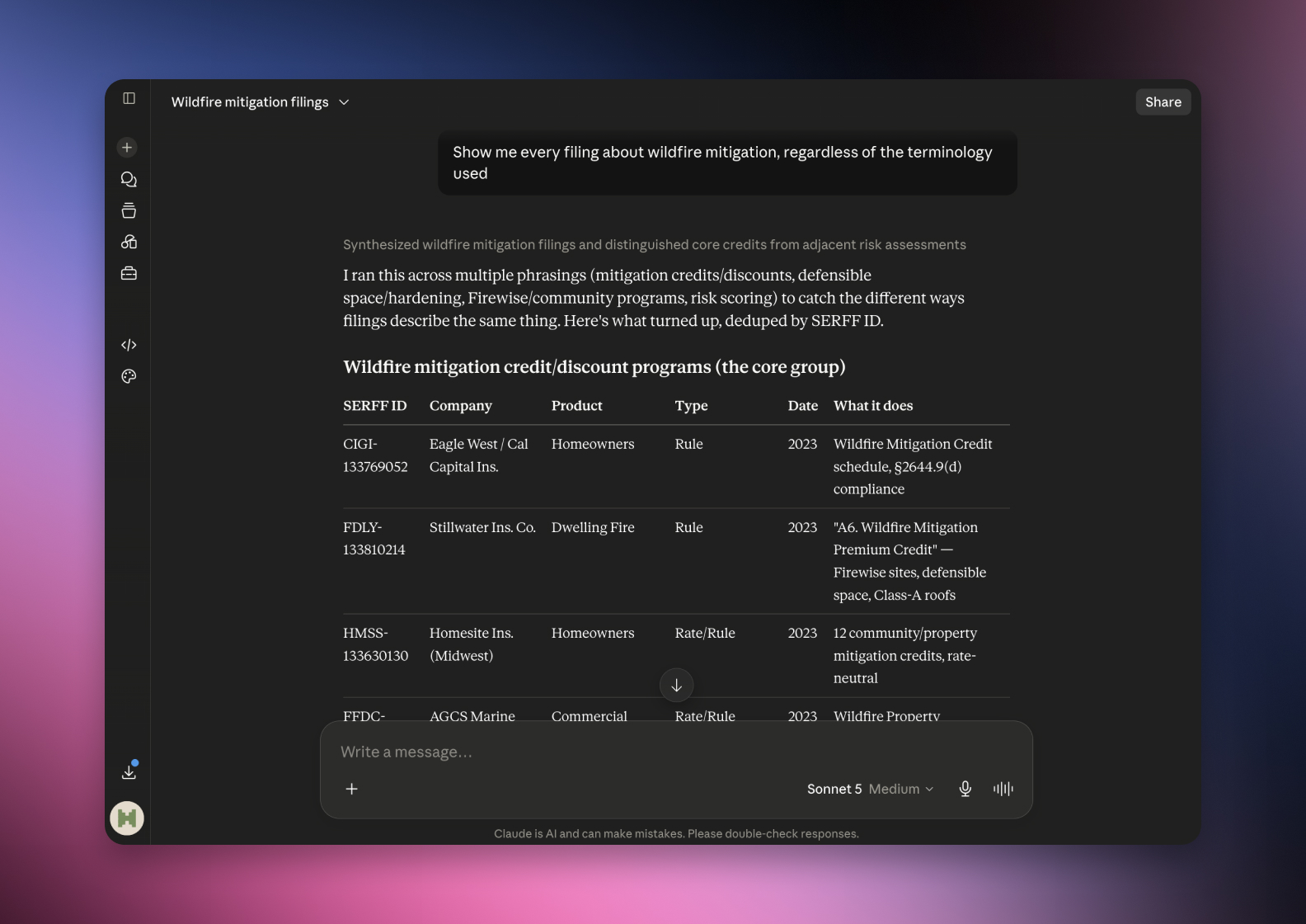 The serff.ai platform showing an extraction summary for a filing, with overview, viability and a list of extracted source files