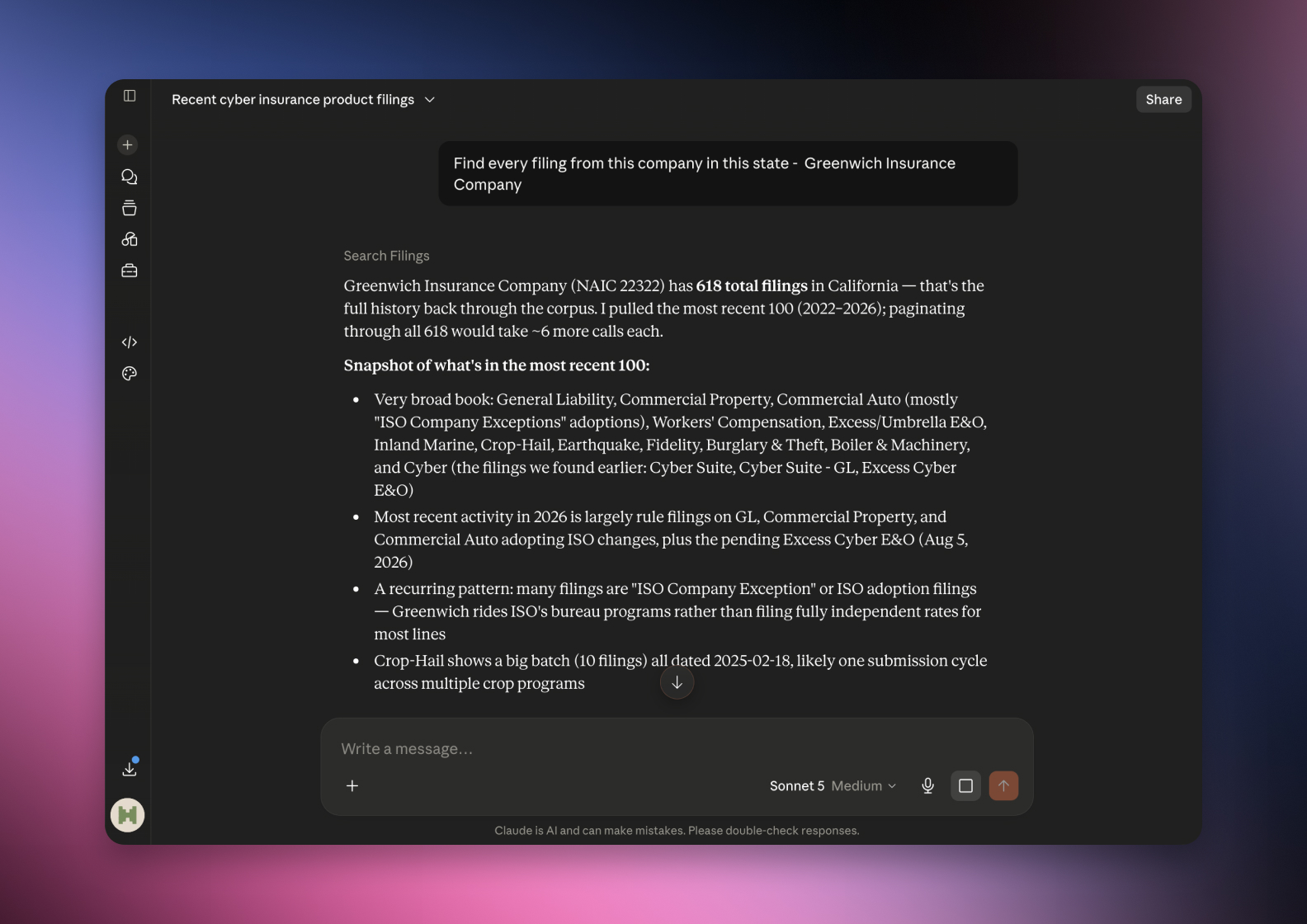 The serff.ai platform showing an extraction summary for a filing, with overview, viability and a list of extracted source files