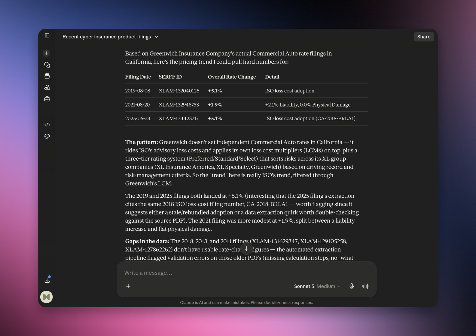 The serff.ai platform showing an extraction summary for a filing, with overview, viability and a list of extracted source files