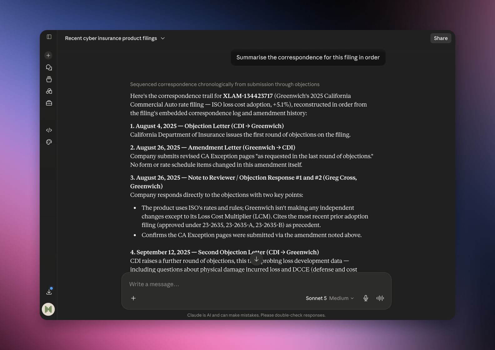 The serff.ai platform showing an extraction summary for a filing, with overview, viability and a list of extracted source files