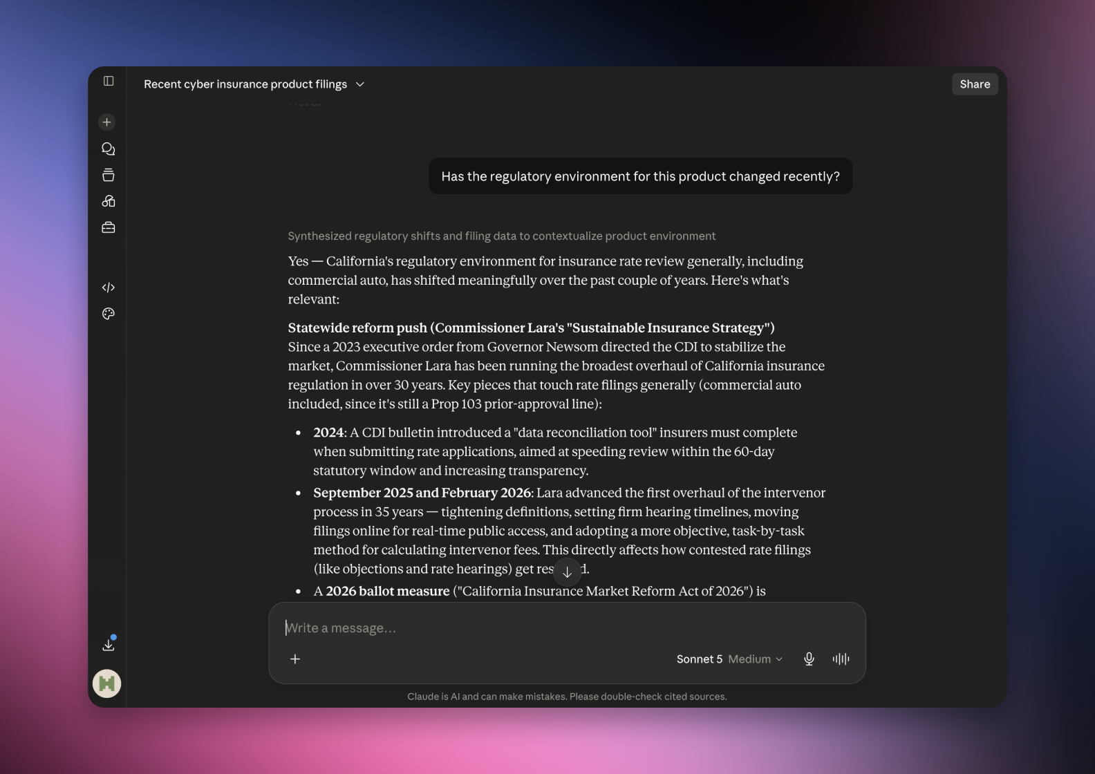 The serff.ai platform showing an extraction summary for a filing, with overview, viability and a list of extracted source files