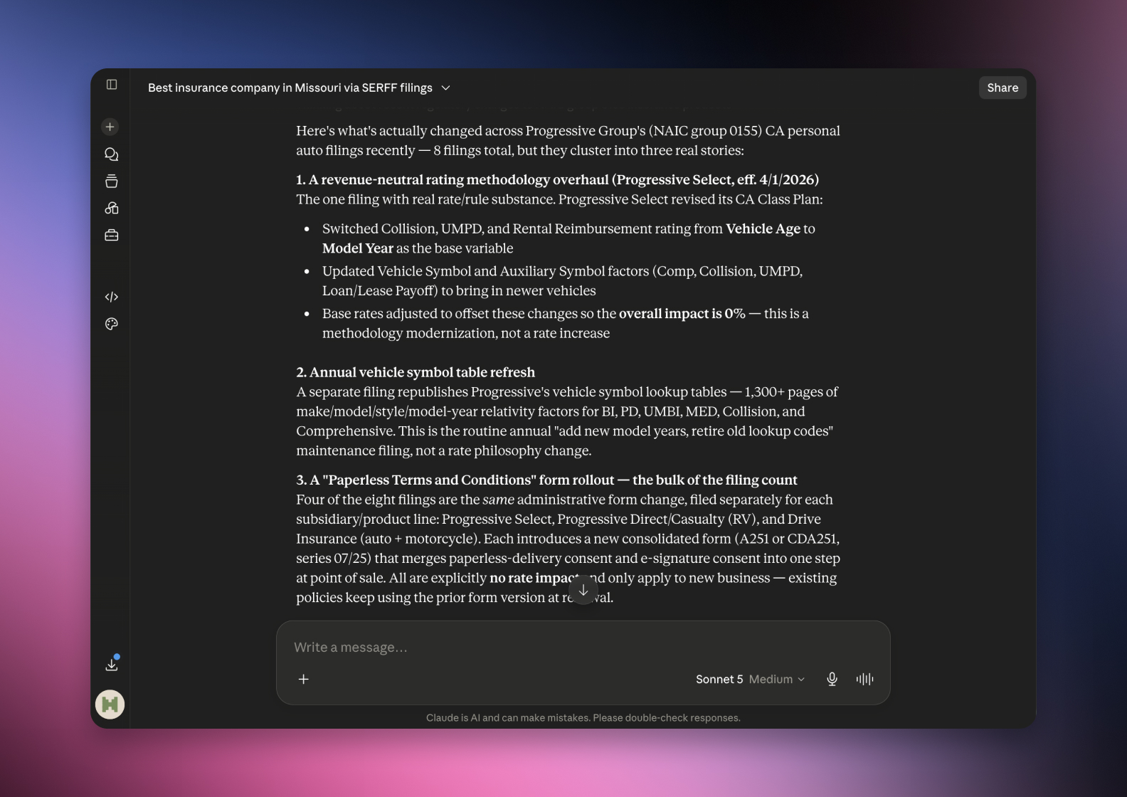 The serff.ai platform showing an extraction summary for a filing, with overview, viability and a list of extracted source files