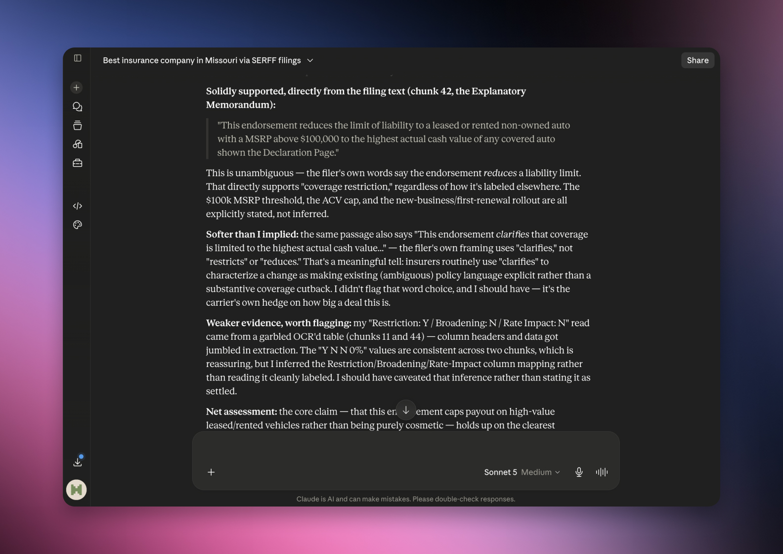 The serff.ai platform showing an extraction summary for a filing, with overview, viability and a list of extracted source files