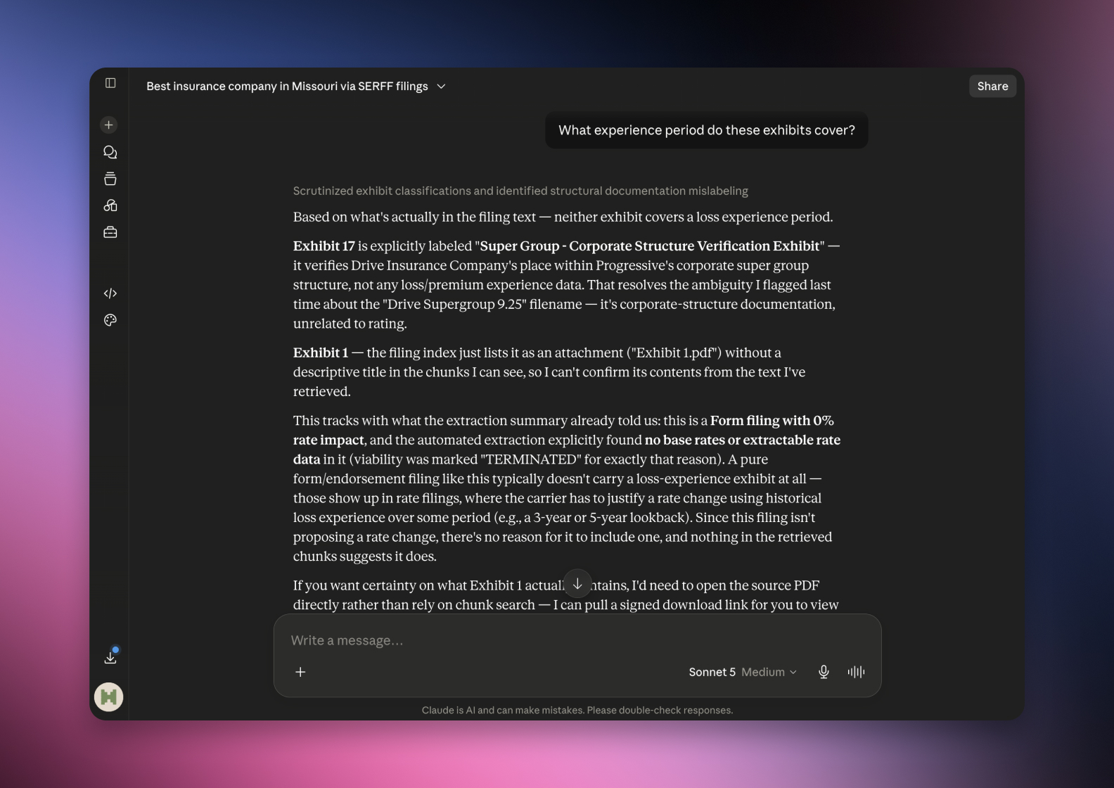 The serff.ai platform showing an extraction summary for a filing, with overview, viability and a list of extracted source files