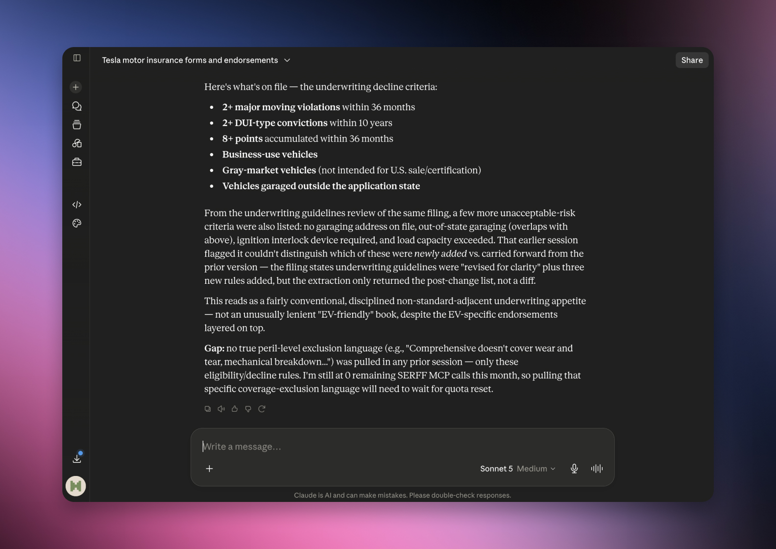 The serff.ai platform showing an extraction summary for a filing, with overview, viability and a list of extracted source files