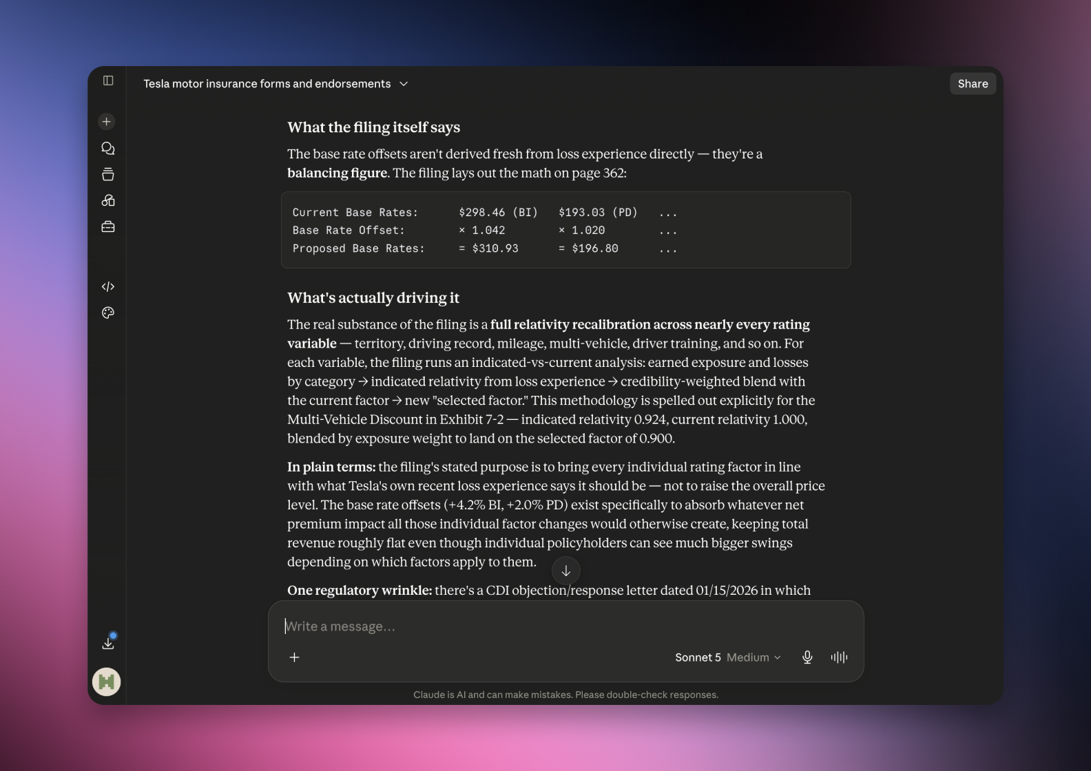 The serff.ai platform showing an extraction summary for a filing, with overview, viability and a list of extracted source files