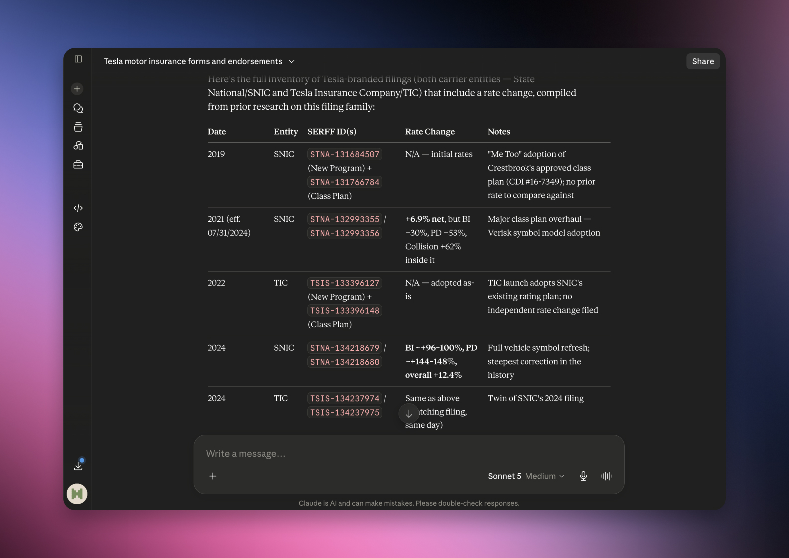 The serff.ai platform showing an extraction summary for a filing, with overview, viability and a list of extracted source files