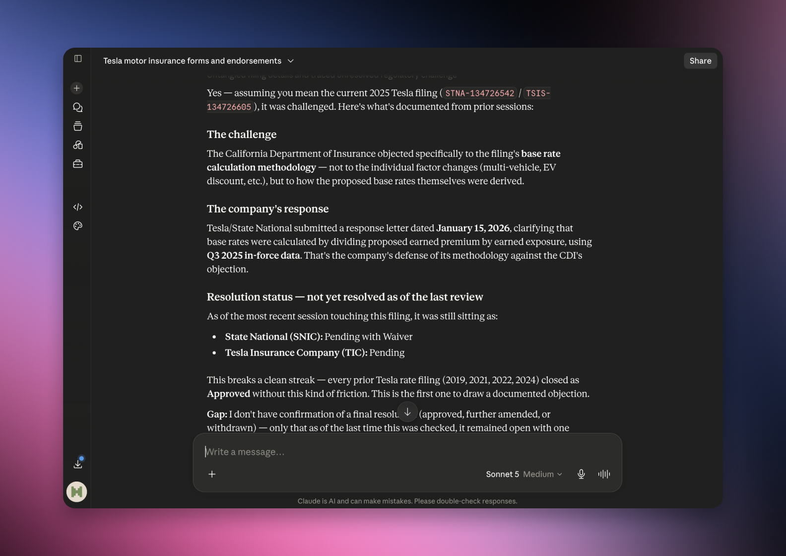 The serff.ai platform showing an extraction summary for a filing, with overview, viability and a list of extracted source files