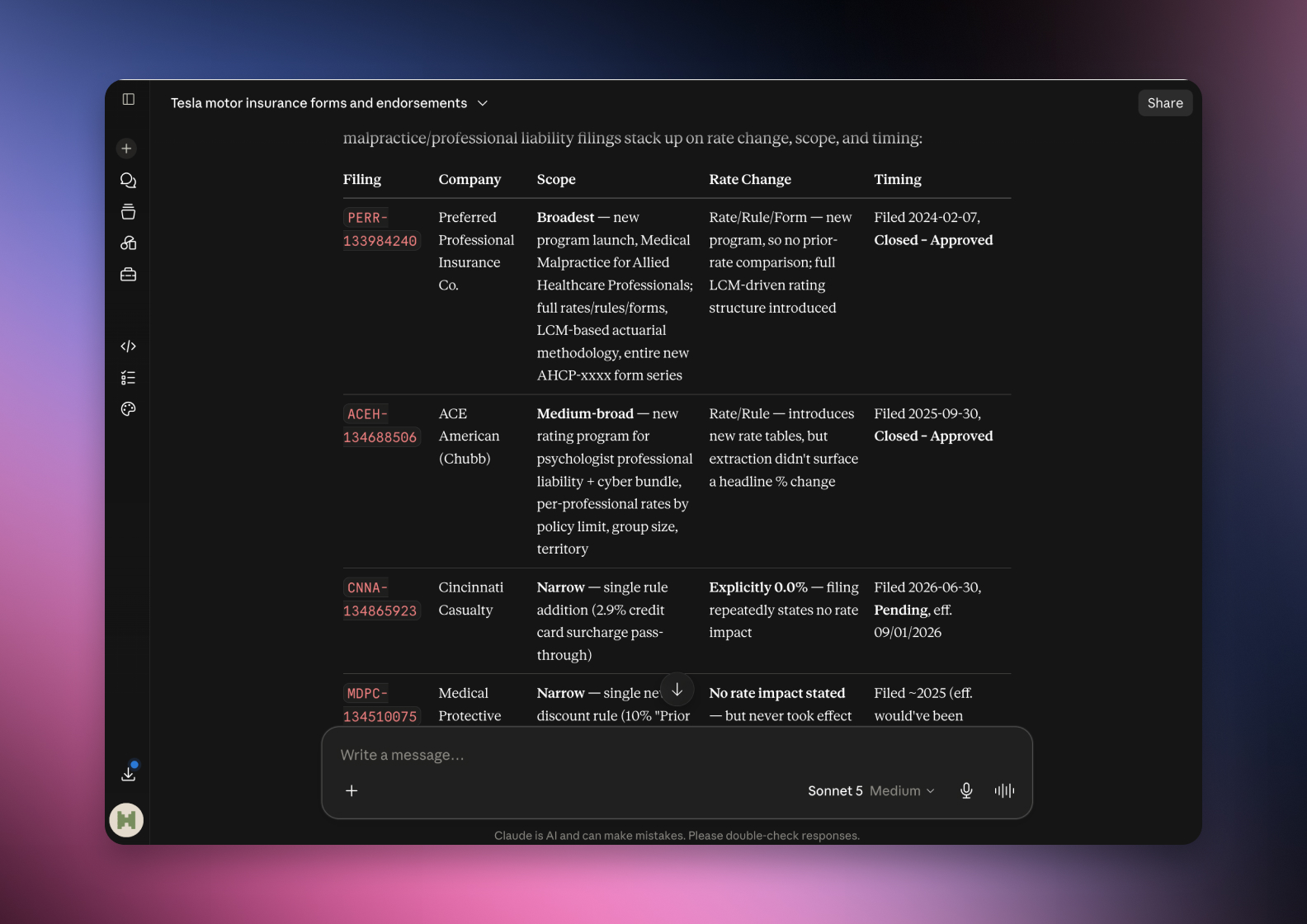 The serff.ai platform showing an extraction summary for a filing, with overview, viability and a list of extracted source files
