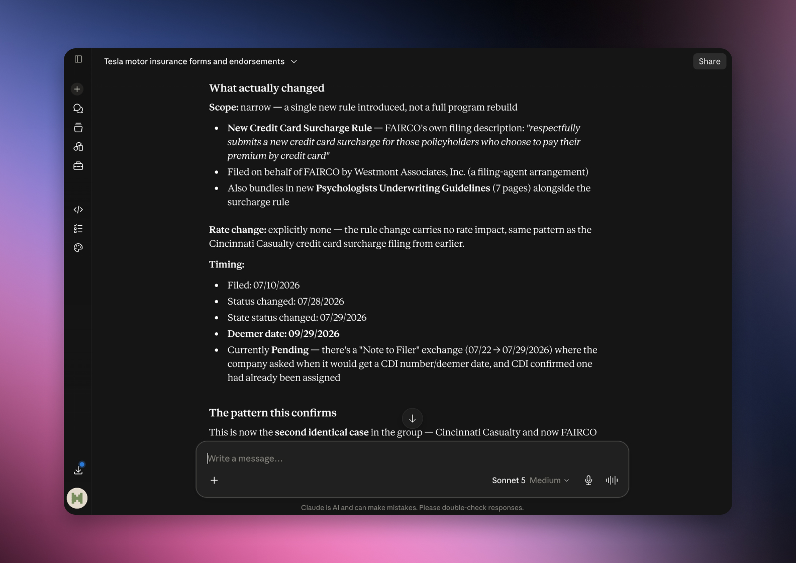 The serff.ai platform showing an extraction summary for a filing, with overview, viability and a list of extracted source files