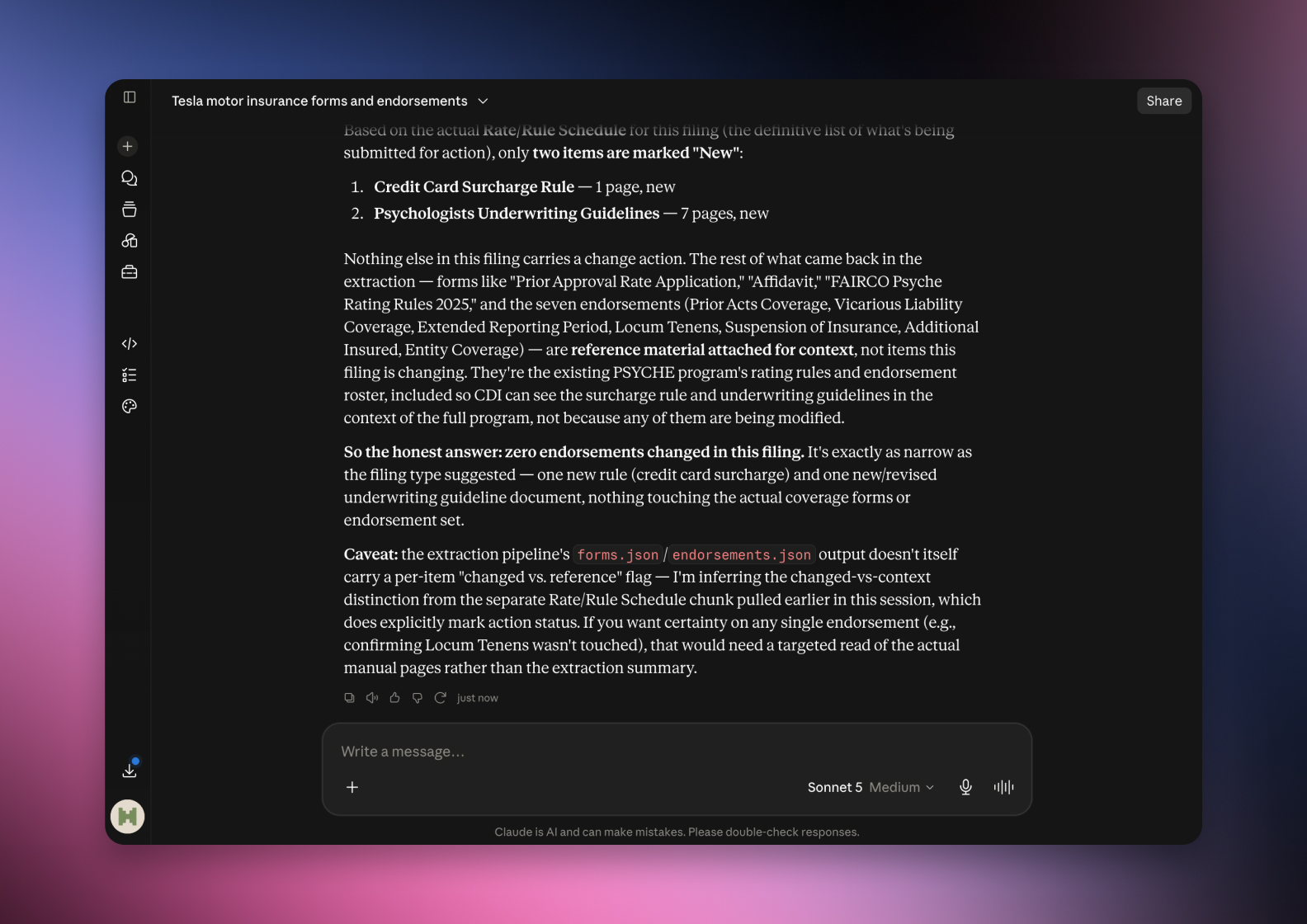 The serff.ai platform showing an extraction summary for a filing, with overview, viability and a list of extracted source files