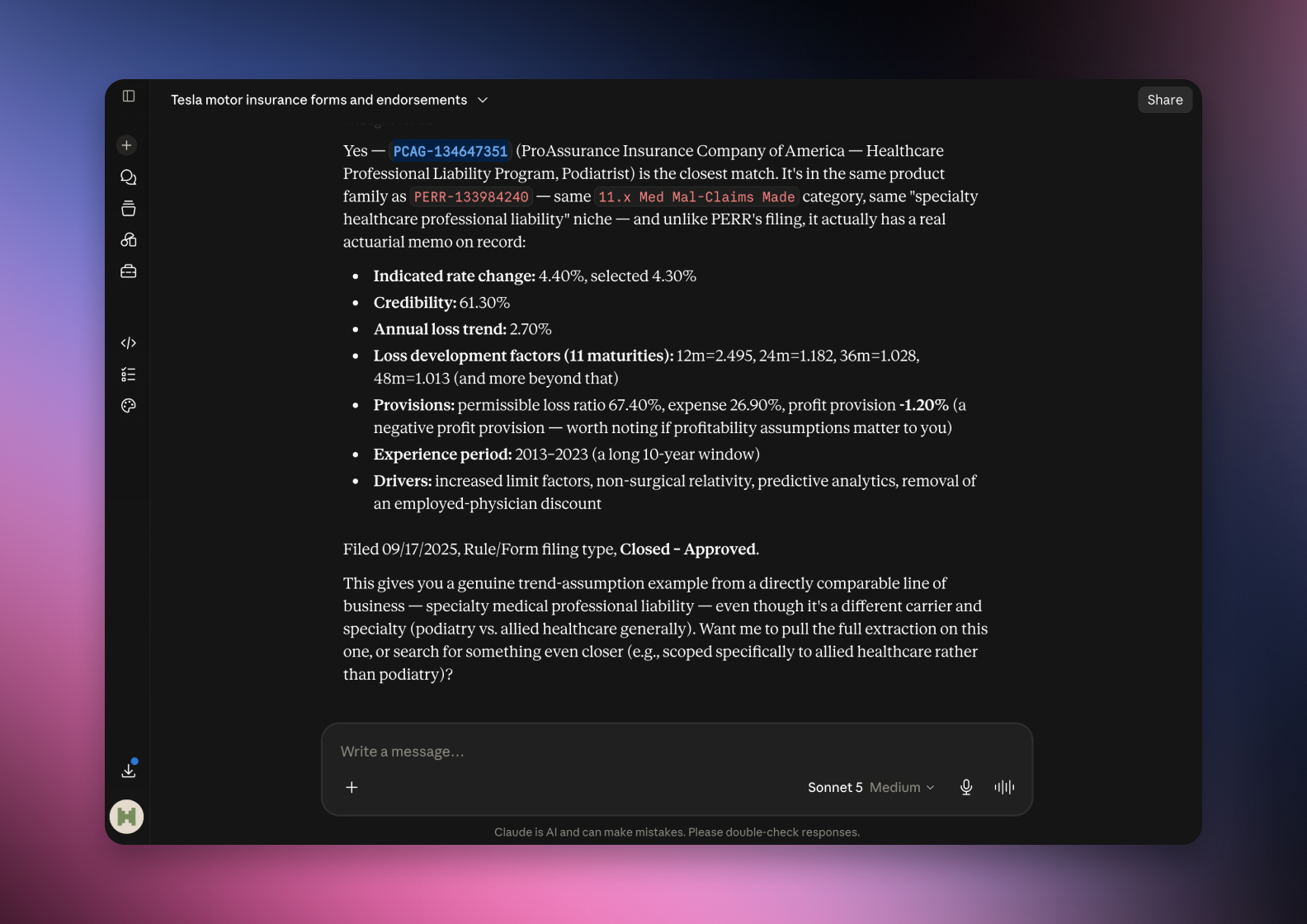 The serff.ai platform showing an extraction summary for a filing, with overview, viability and a list of extracted source files