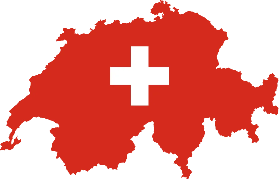 Karte der Schweiz in Rot mit weißem Schweizer Kreuz in der Mitte.
