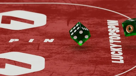 Green casino dice rolling on a red felt gaming table
