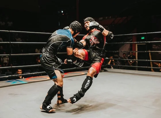 Mixed martial arts fighters competing in a ring
