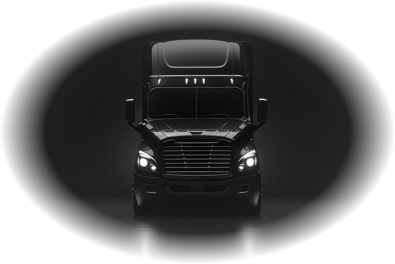 Front view of a black semi-truck with headlights on in a dark setting.