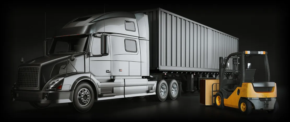 Silver semi-truck with a large trailer next to a yellow forklift carrying wooden pallets.