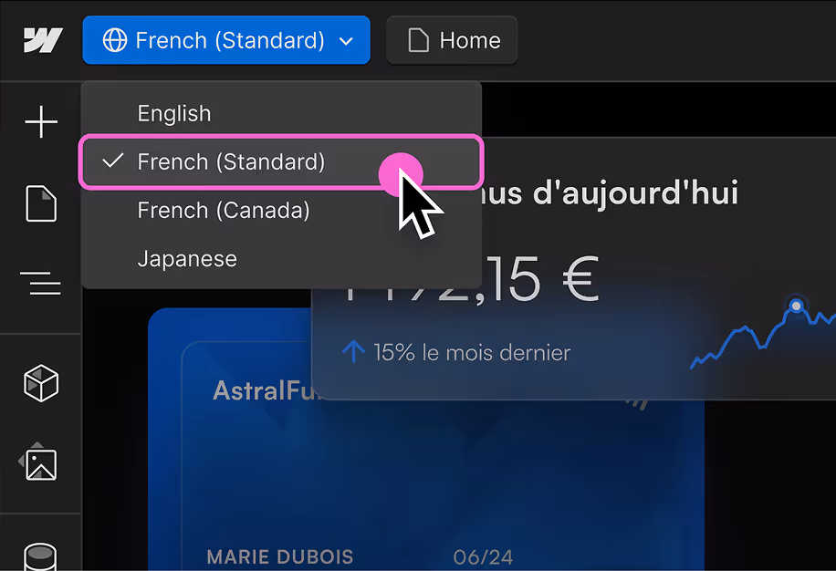 Випадне меню мови з вибраною французькою (Стандартною) мовою та курсором, що вказує на цей вибір.