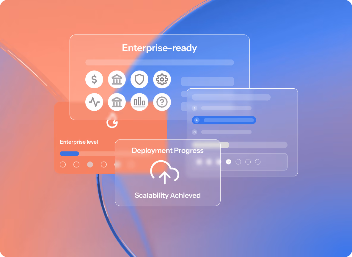 Abstract interface panels with icons and text displaying enterprise-ready features and deployment progress with scalability achieved.