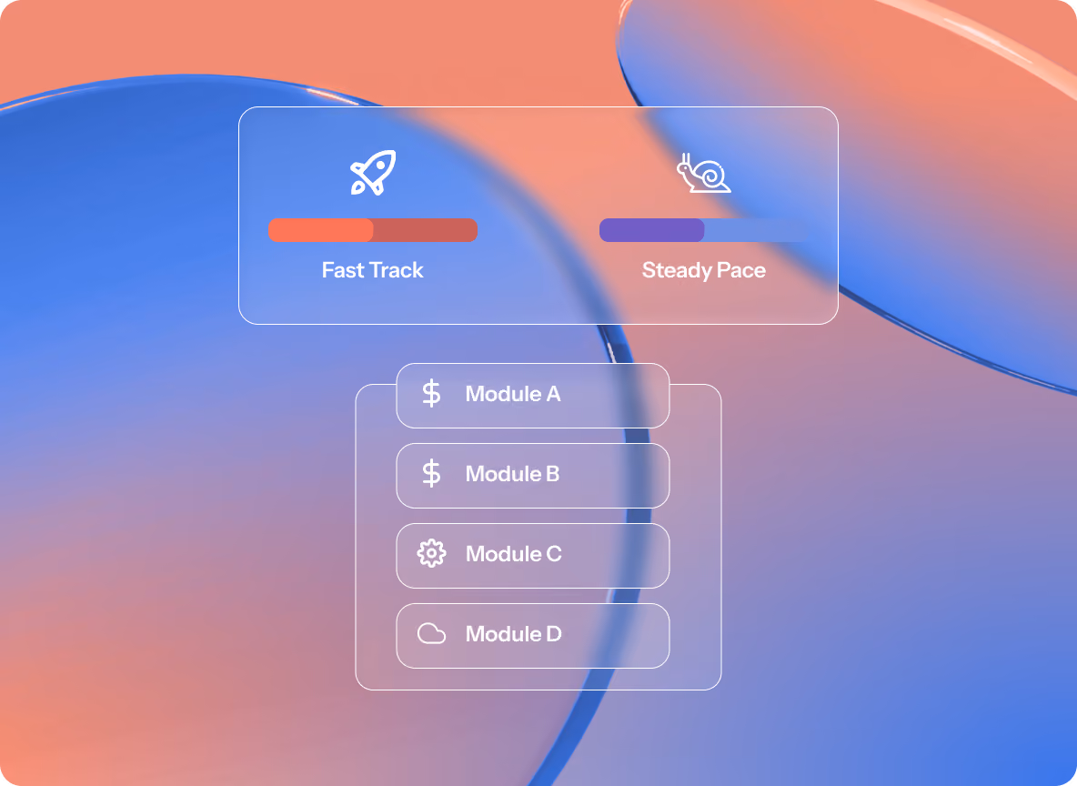 Interface showing two speed options: Fast Track with a rocket icon and a progress bar, and Steady Pace with a snail icon and a progress bar, above modules labeled A, B, C, and D with respective icons.