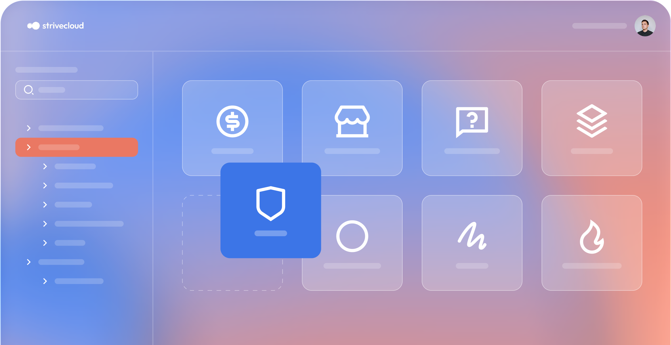 Simplified illustration with a blue square icon depicting a white shield symbol in the center, a red rounded rectangle with an arrow on the left, and two small profile pictures in the top corners on a white background.