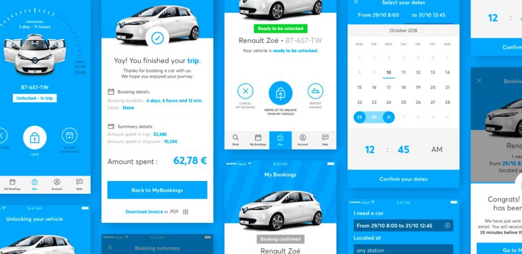 Mobility app functions shown on multiple screens.