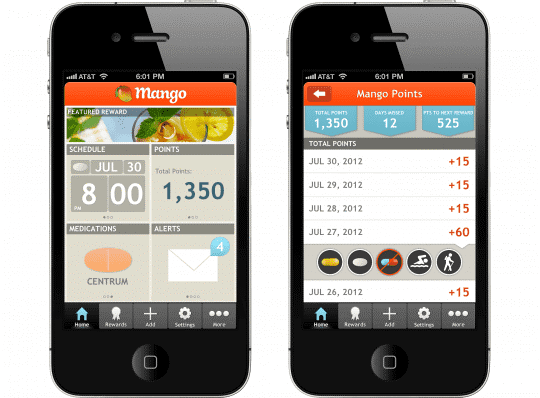 Screenshot of the Mango Health app showing a medication reminder feature with points.