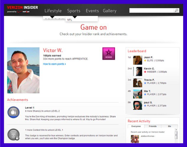 Verizon Insider Web portal showing gamification elements like badges and leaderboards.