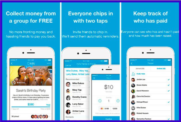 Screenshots of the Tilt crowdfunding app interface