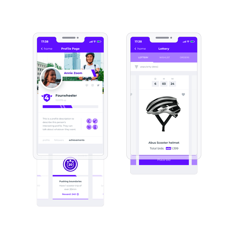 Mockups of a shared mobility app showing gamification features like achievements and raffles.