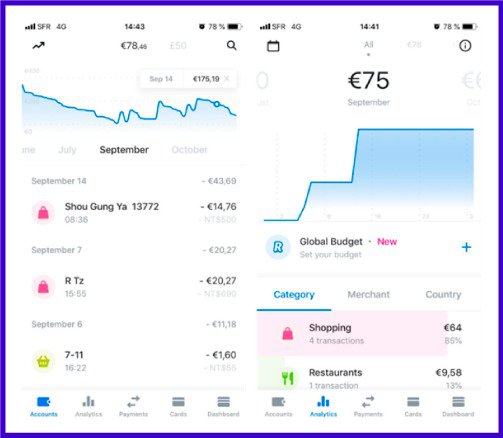 A personal dashboard in the Revolut app showing transaction graphs and goal tracking.
