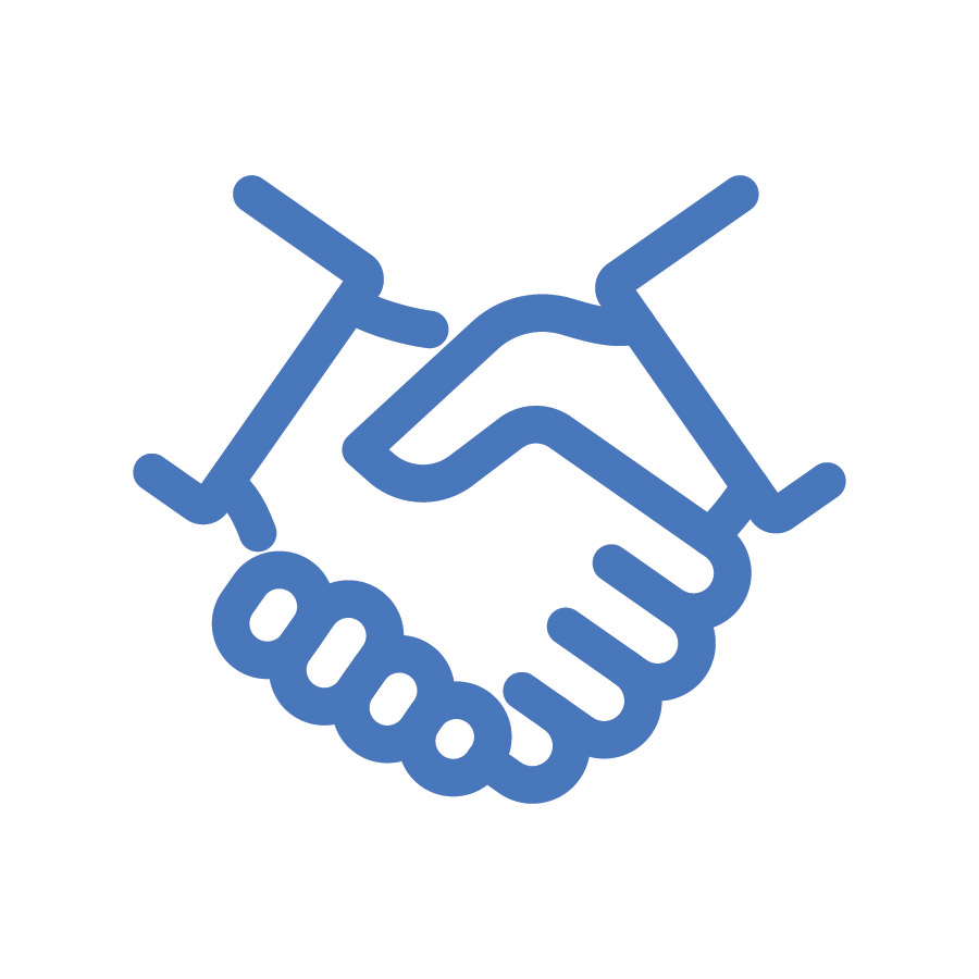 a blue line art icon of two hands shaking
