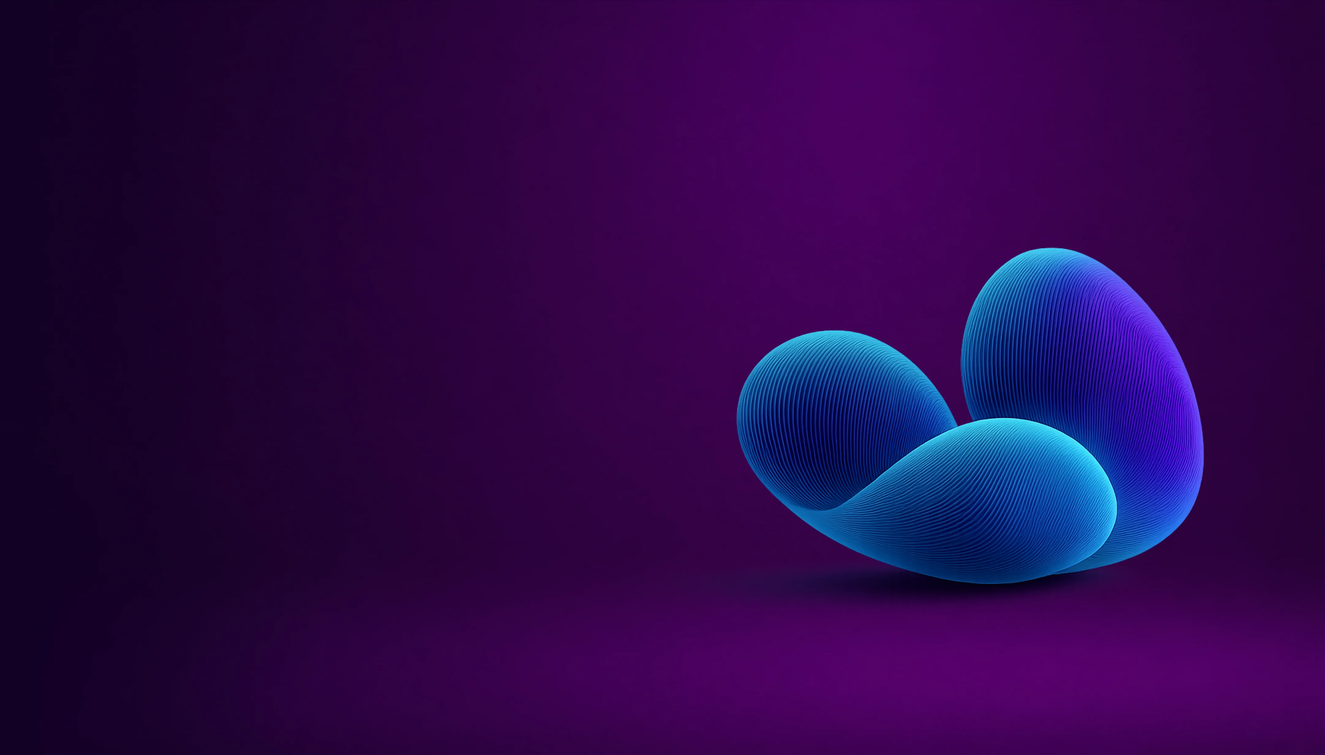 Three smooth, blue abstract shapes with fine lines on a purple gradient background.