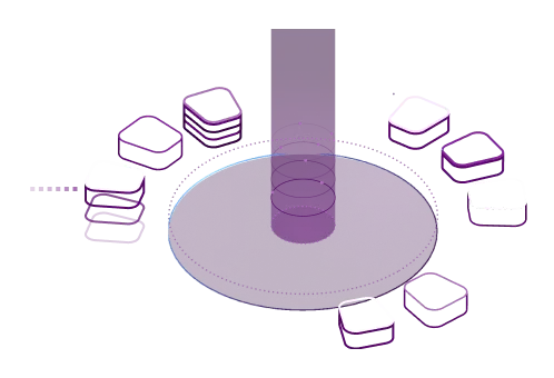 A purple circular object surrounded by smaller objects.