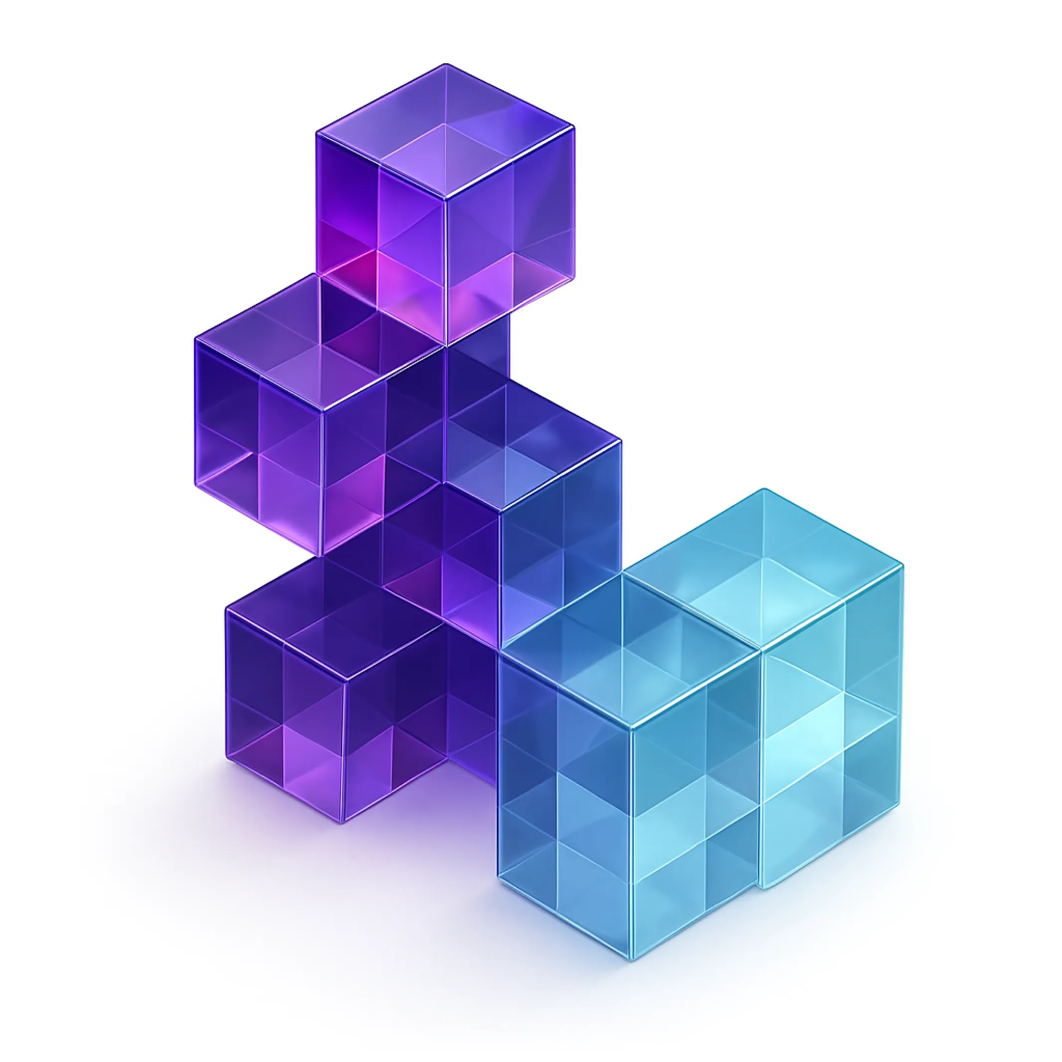 Cluster of transparent purple and blue 3D cubes interlocking on a white background.