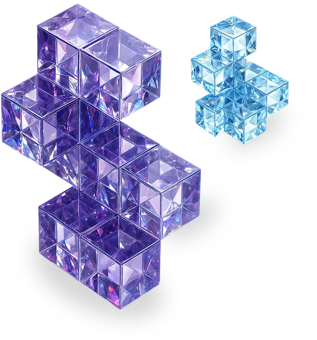 Two interlocking 3D puzzle-like structures made of transparent cubes, one purple and one blue, casting shadows on a white background.