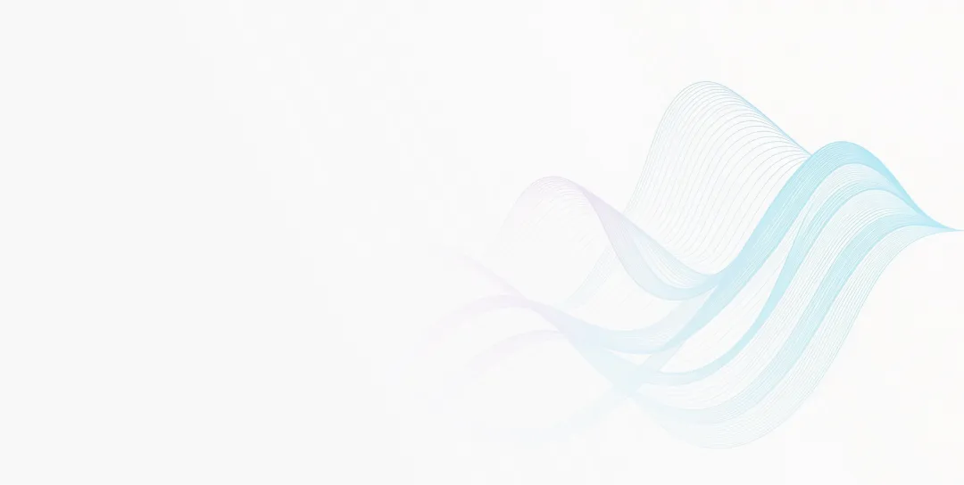Abstract light blue and purple wavy lines overlapping on a white background.