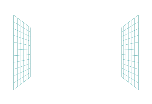 Seven vertical wireframe panels arranged symmetrically, with the outer two panels in turquoise and the inner five in white on a black background.