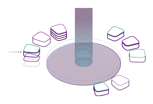 Abstract circular platform with numerous small, rounded square blocks floating and arranged around it in a radial pattern, connected by dotted lines.