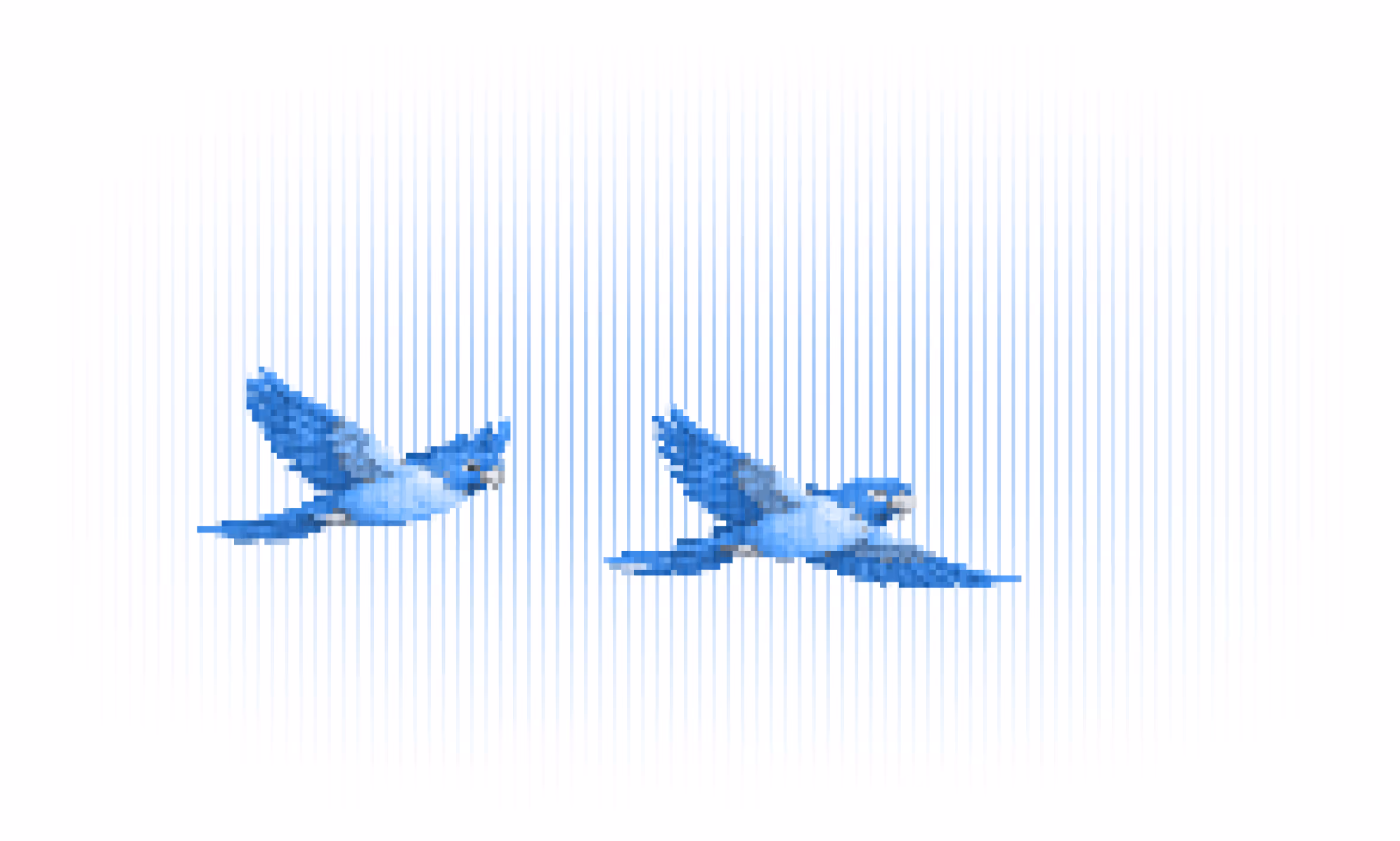 Pixel art of two blue birds flying side by side against a white background.