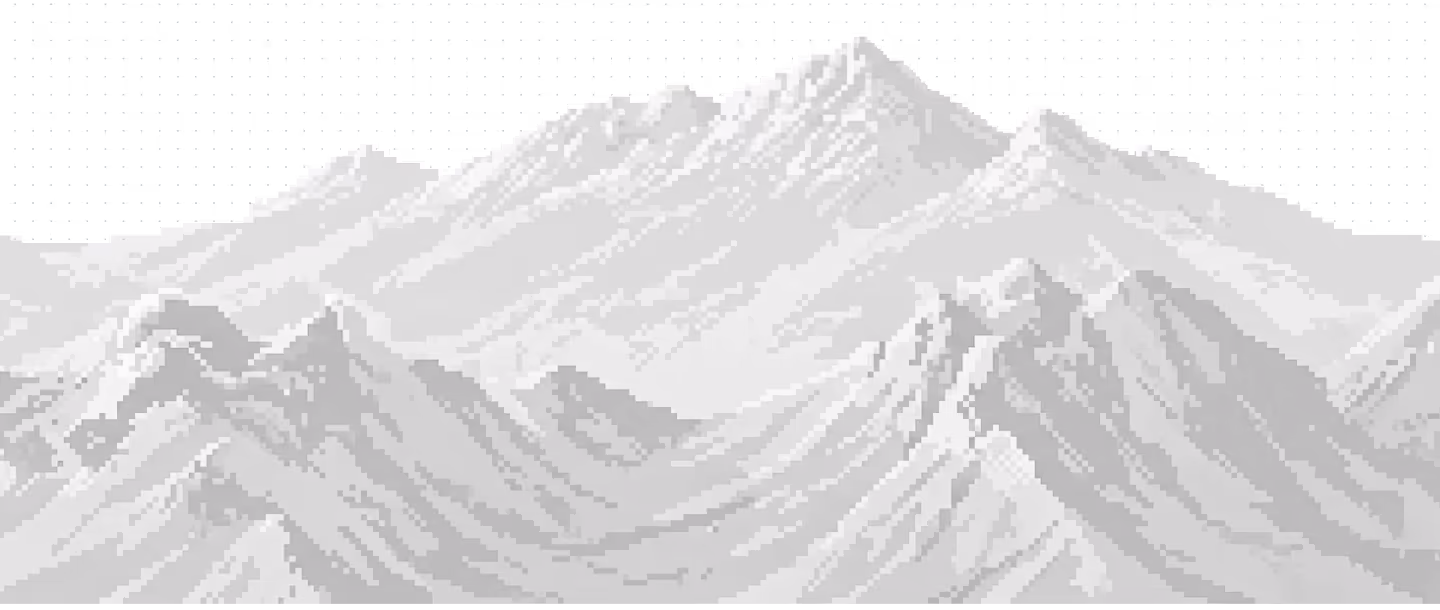 Pixel art style grayscale mountain range with sharp peaks against a black background.