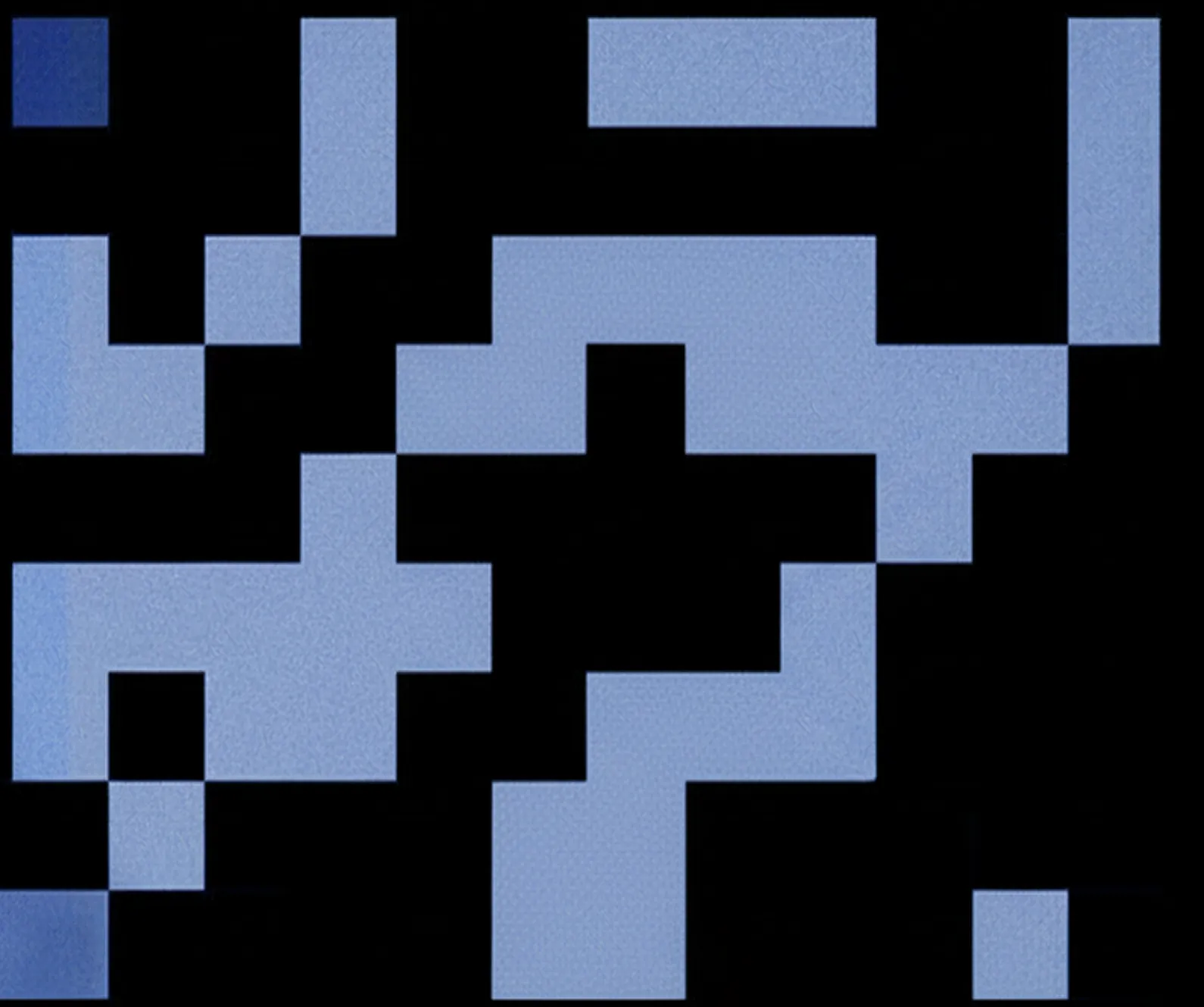 Abstract digital pattern with irregular light blue shapes on a black background.