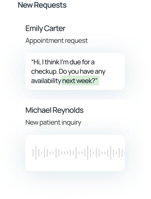 New requests from Emily Carter asking about checkup availability next week and Michael Reynolds with a voice inquiry.