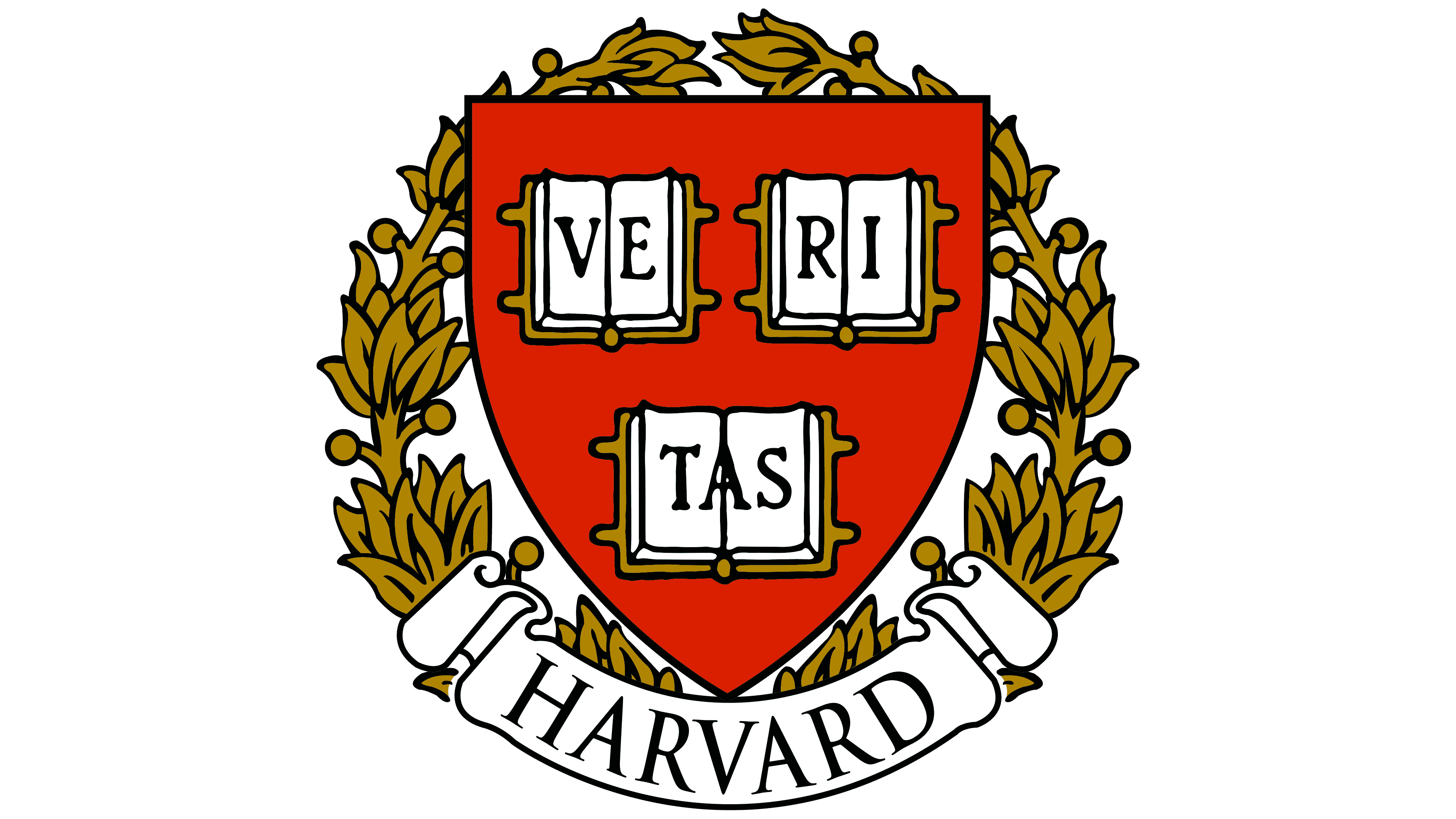 Harvard University emblem with red shield, three open books spelling VERITAS, surrounded by gold laurel wreath.